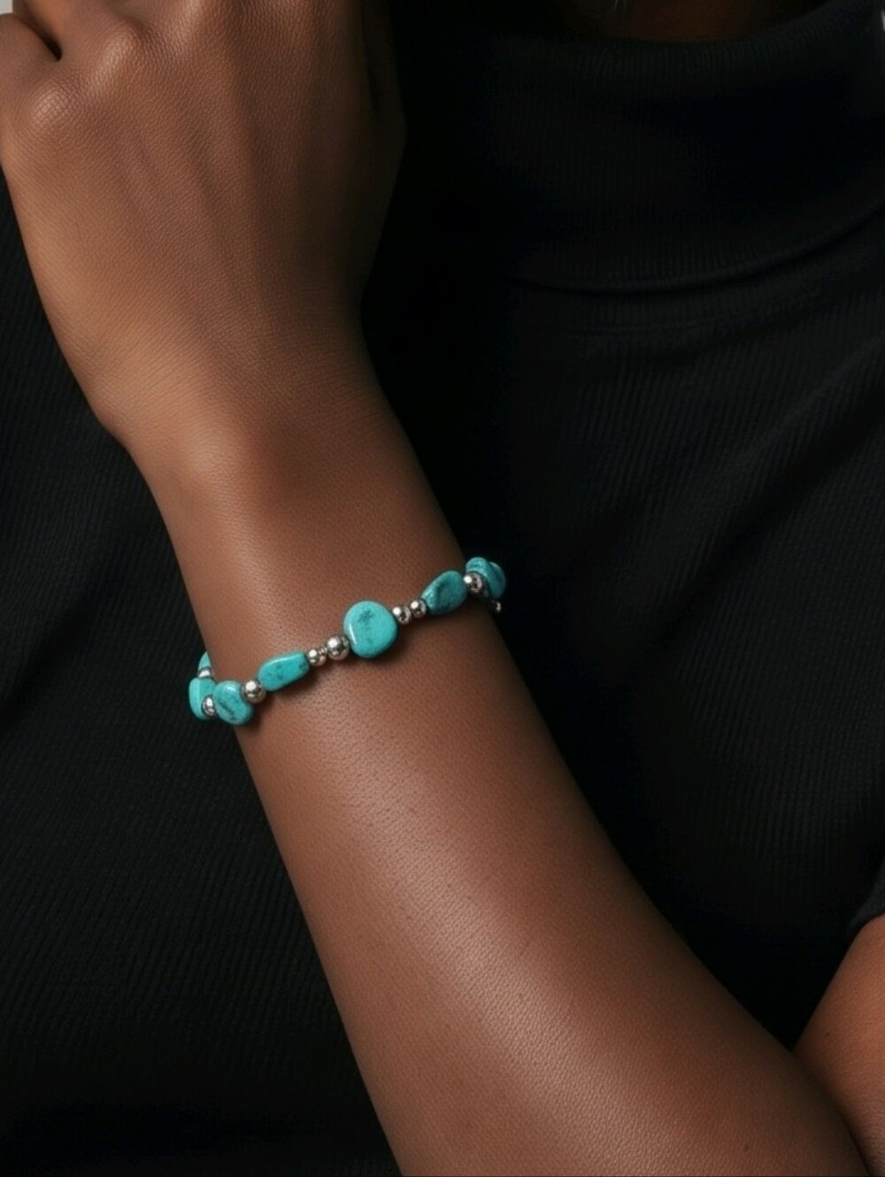 Turquoise Bead Stretch Bracelet - Blue Green Necklace